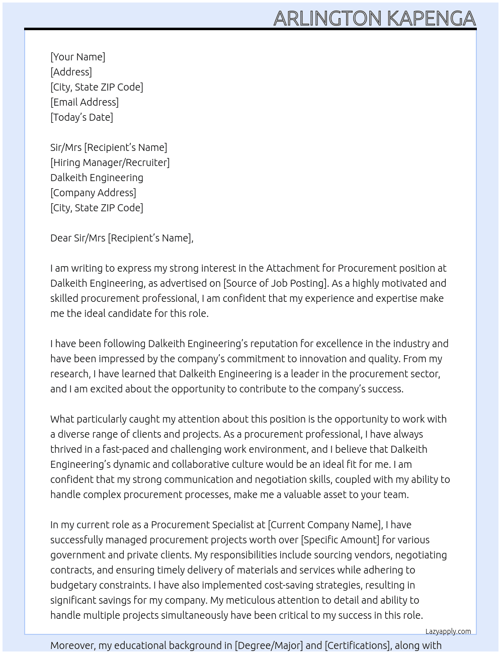 Cover letter for attachment for procurement - LazyApply