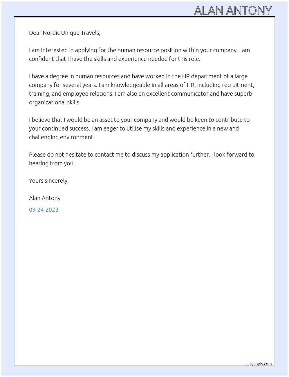 Human Resource  At Nordic Unique Travels Cover Letter