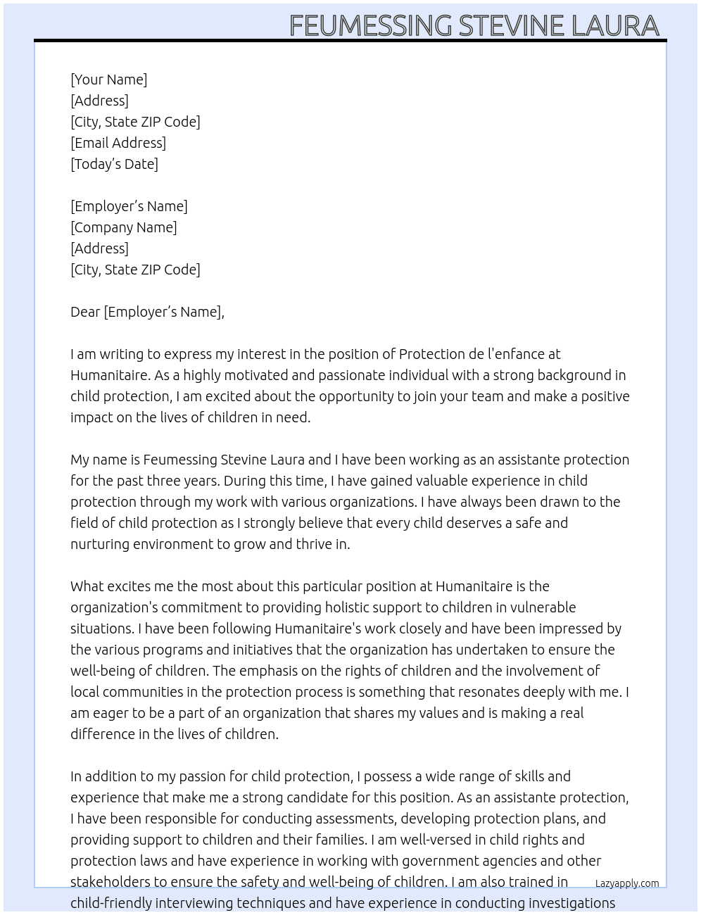Protection de l'enfance  At Humanitaire  Cover Letter