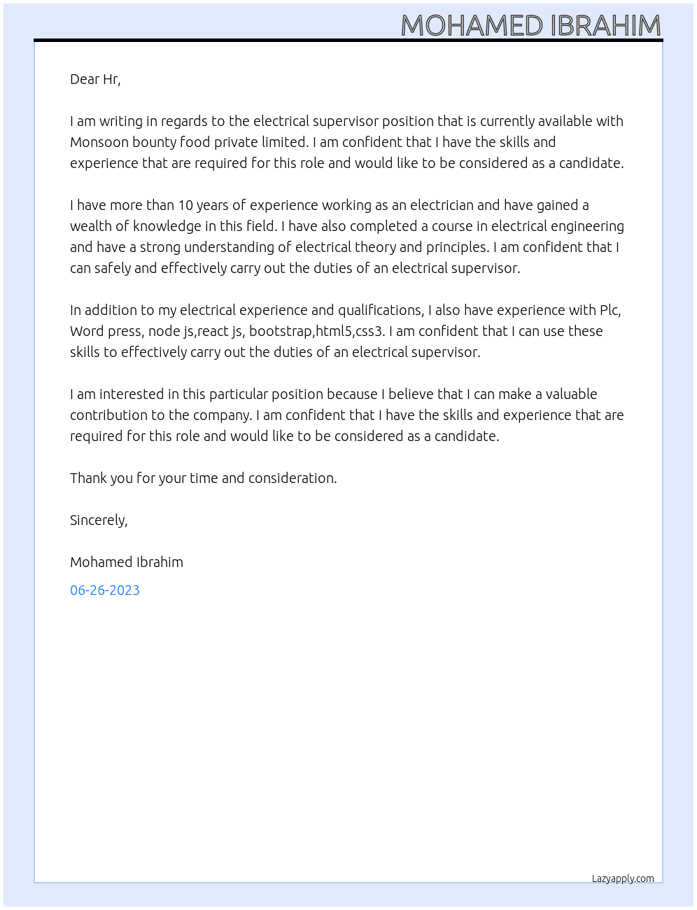 Electrical supervisor  At Monsoon bounty food private limited  Cover Letter