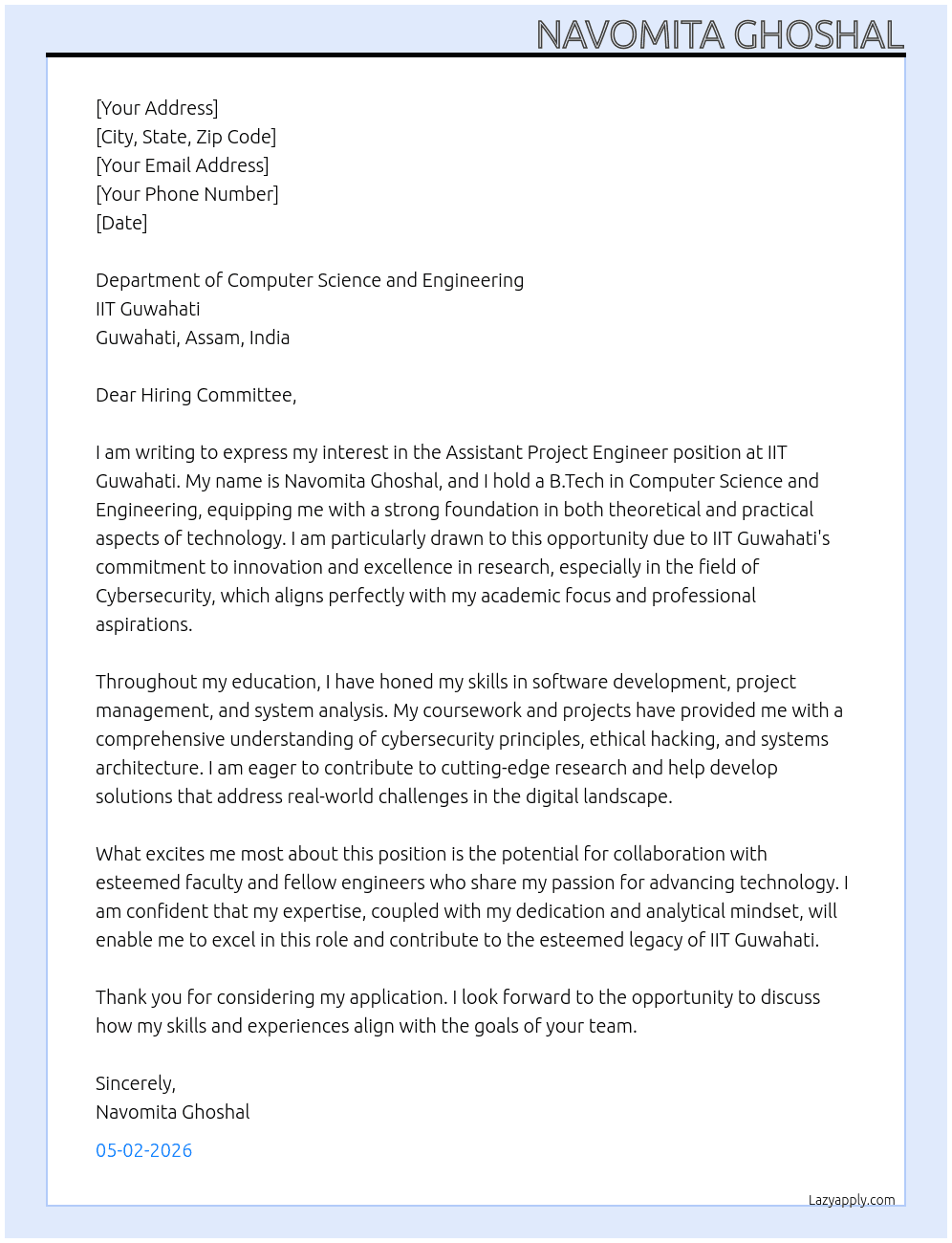 Assistant Project Engineer At IIT Guwahati Cover Letter
