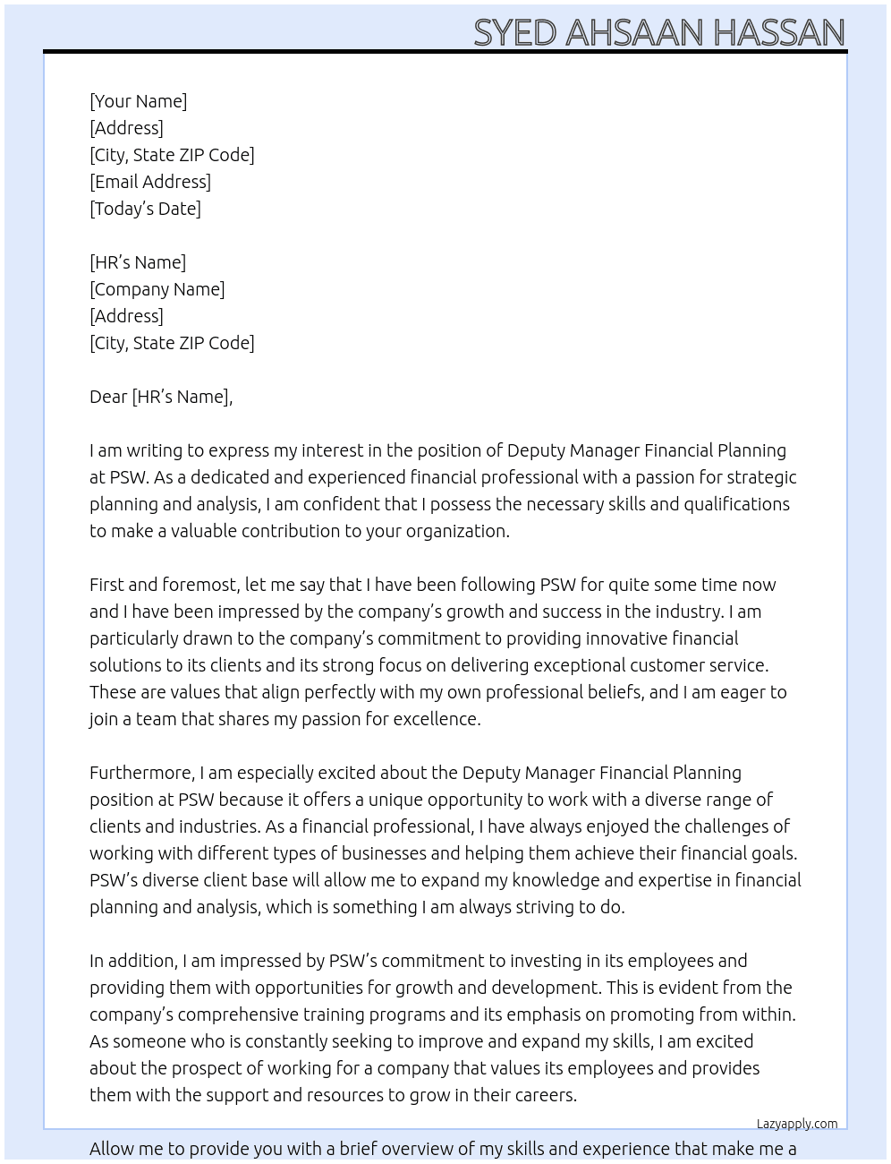 Deputy Manager Financial Planning At PSW Cover Letter