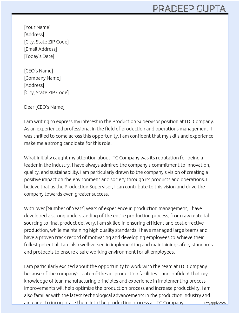 Production supervisor  At ITC company  Cover Letter