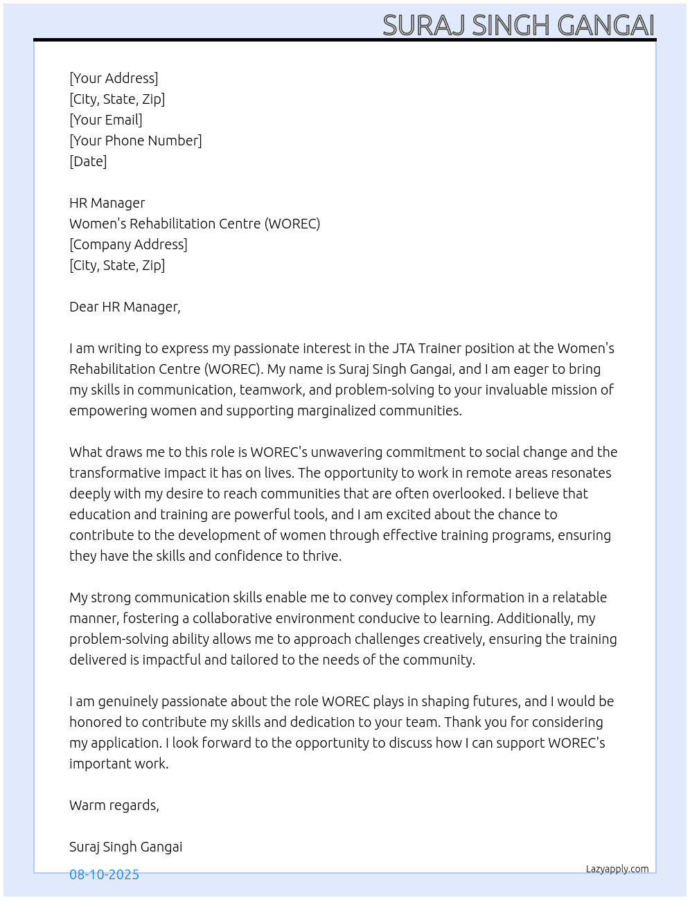 Cover letter for jta trainer - LazyApply