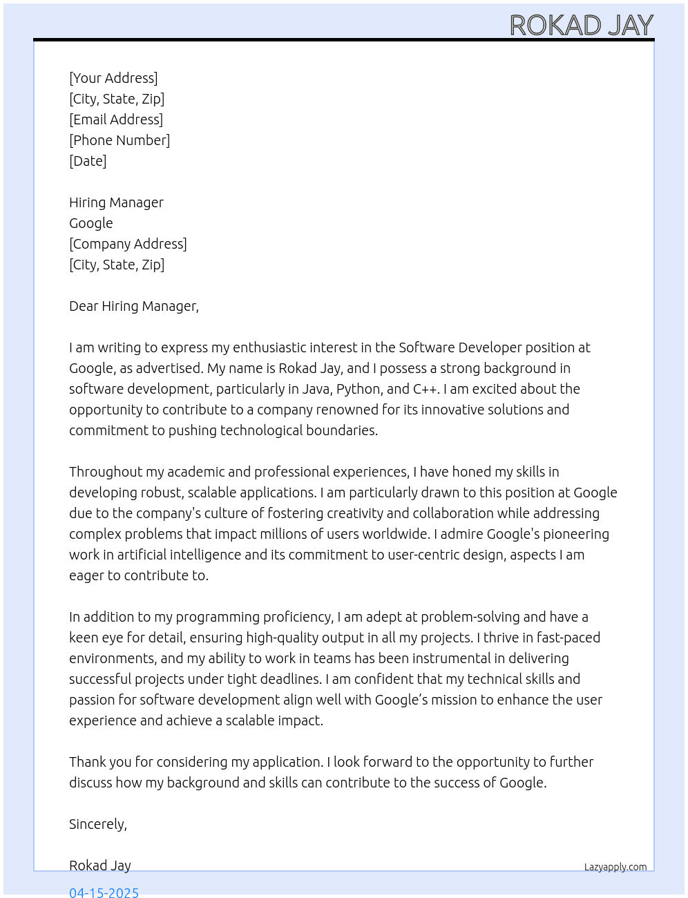 software devloper At google Cover Letter