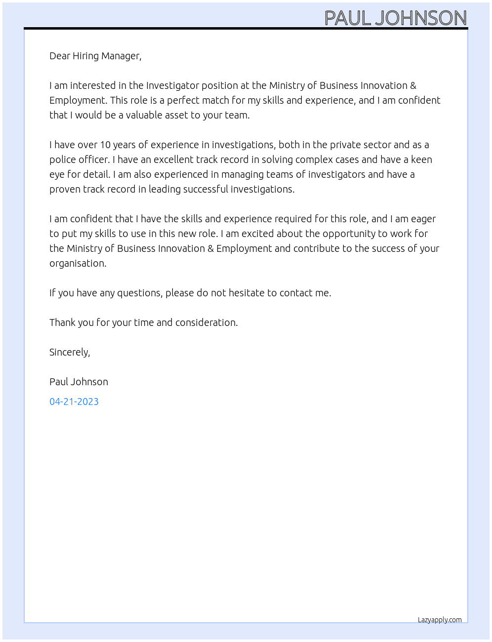 Investigator At Ministry of Business Innovation & Employment Cover Letter