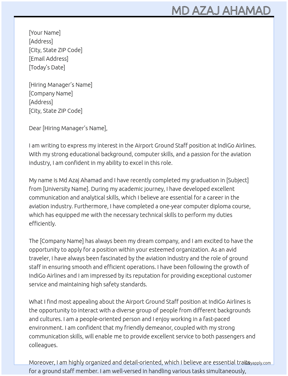 Airport Ground Staff  At IndiGo Airlines  Cover Letter