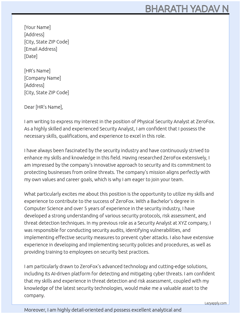 Physical Security Analyst At ZeroFox Cover Letter