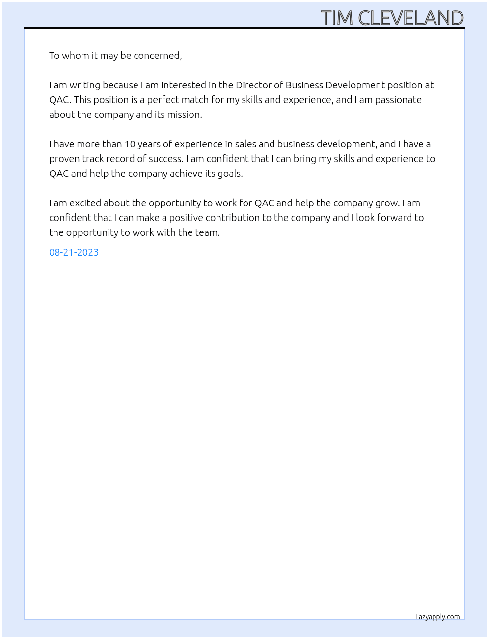 Director of Business Development At QAC Cover Letter