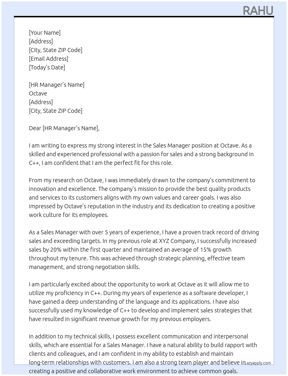 Sales manager  At Octave  Cover Letter