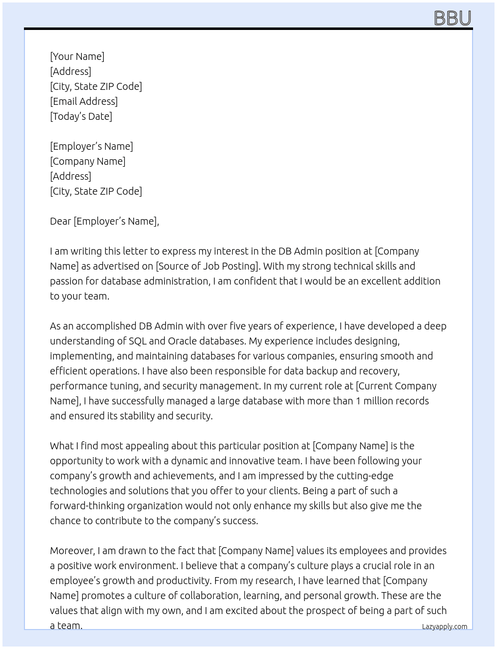 db admin At plc Cover Letter