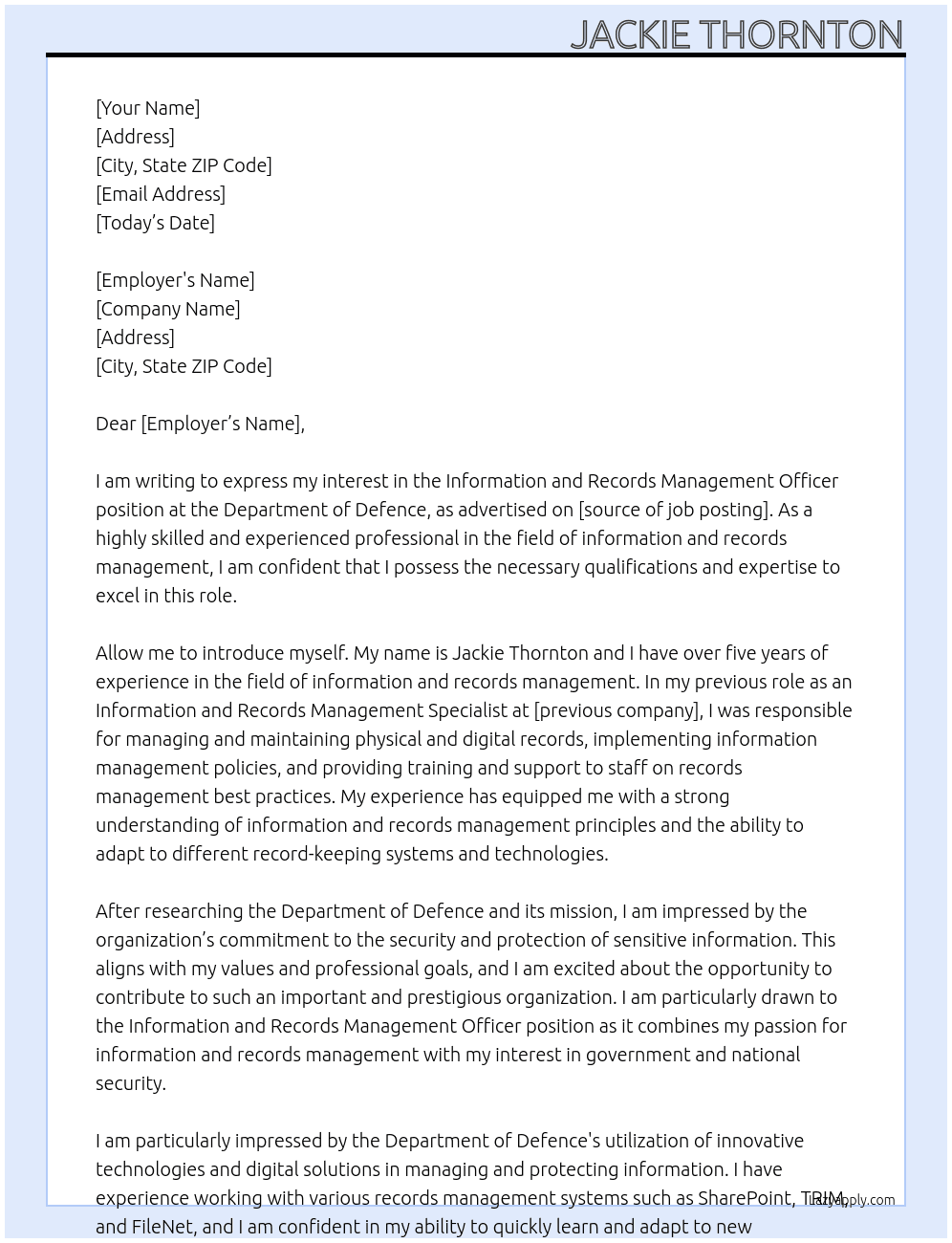 Information and Records Management Officer - APS Level 5 At Department of Defence Cover Letter