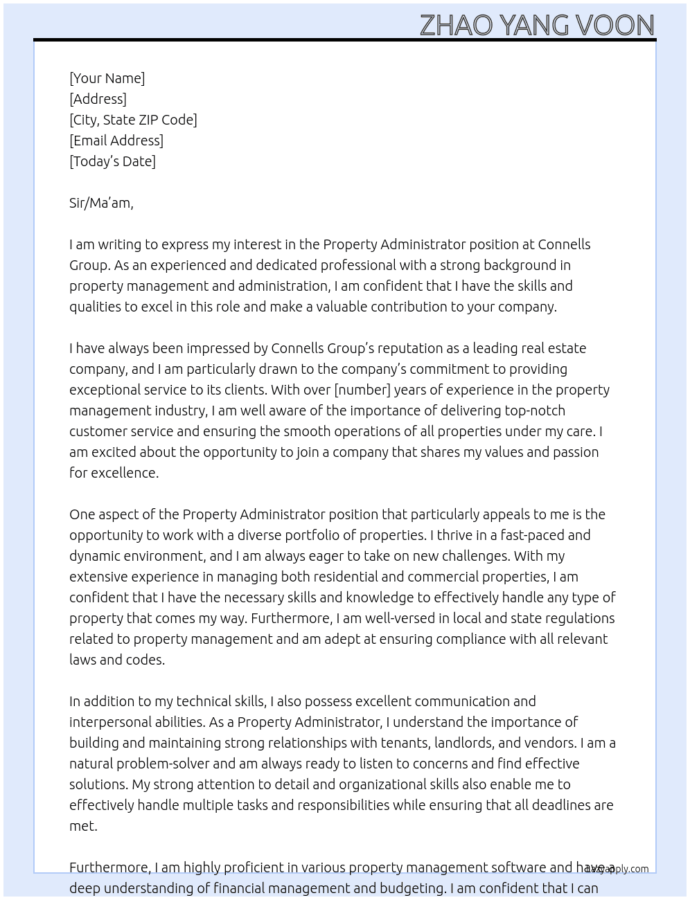 Property Administrator At Connells Group Cover Letter