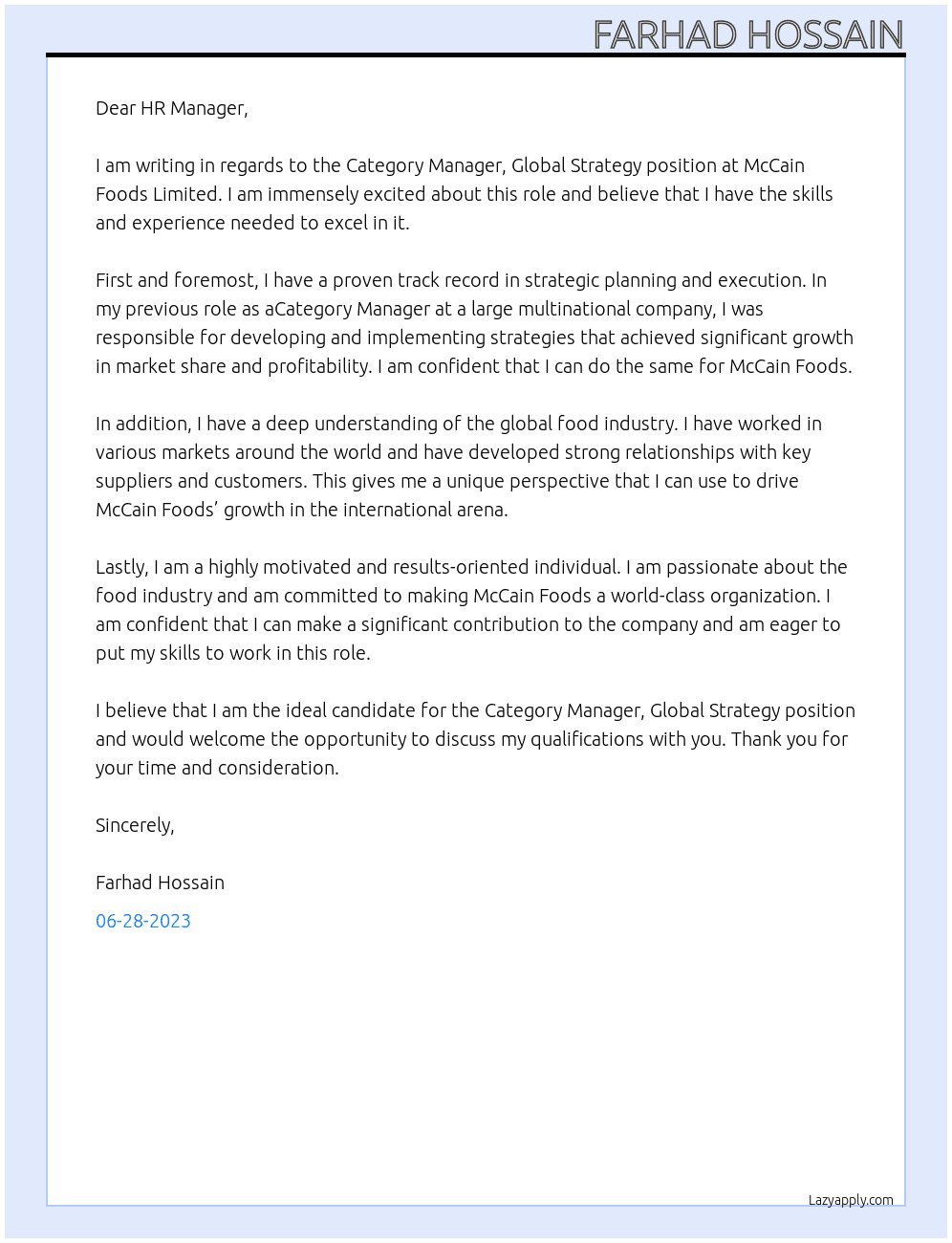 Category Manager, Global Strategy  At McCain Foods Limited Cover Letter