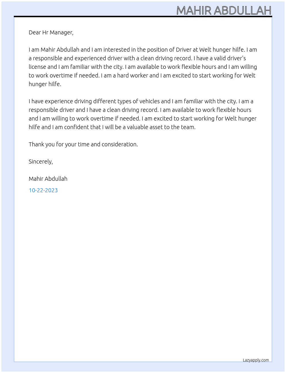 Driver At Welt hunger hilfe  Cover Letter