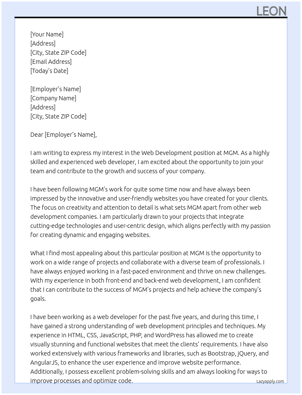Web Development At mgm Cover Letter