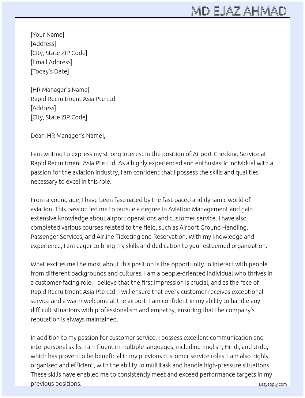 Cover letter for airport checking service - LazyApply