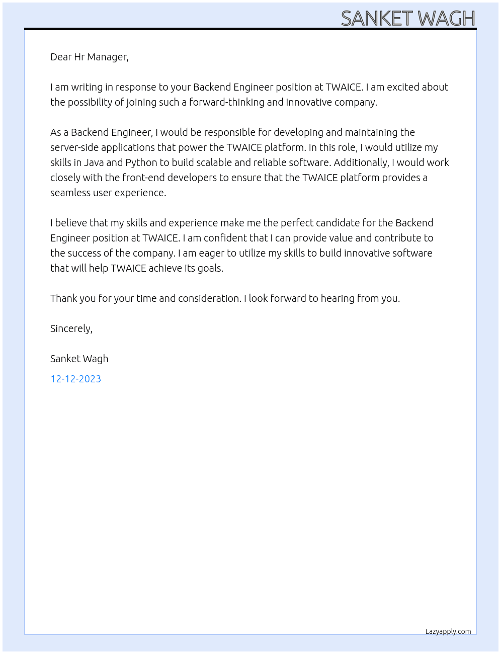 Backend Engineer At TWAICE Cover Letter