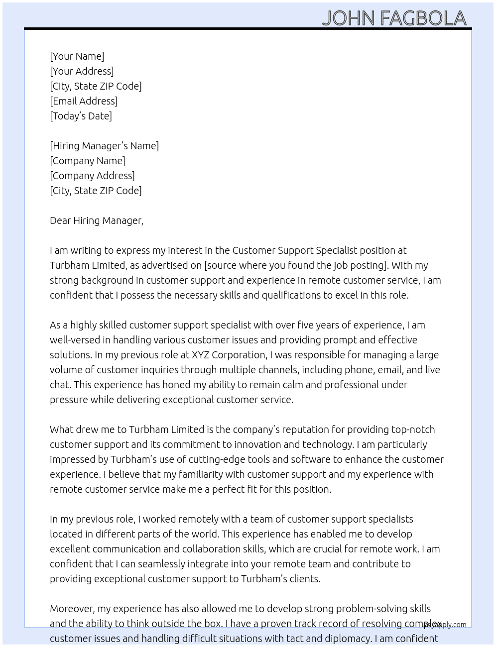 Customer Support Specialist  At Turbham Limited Cover Letter