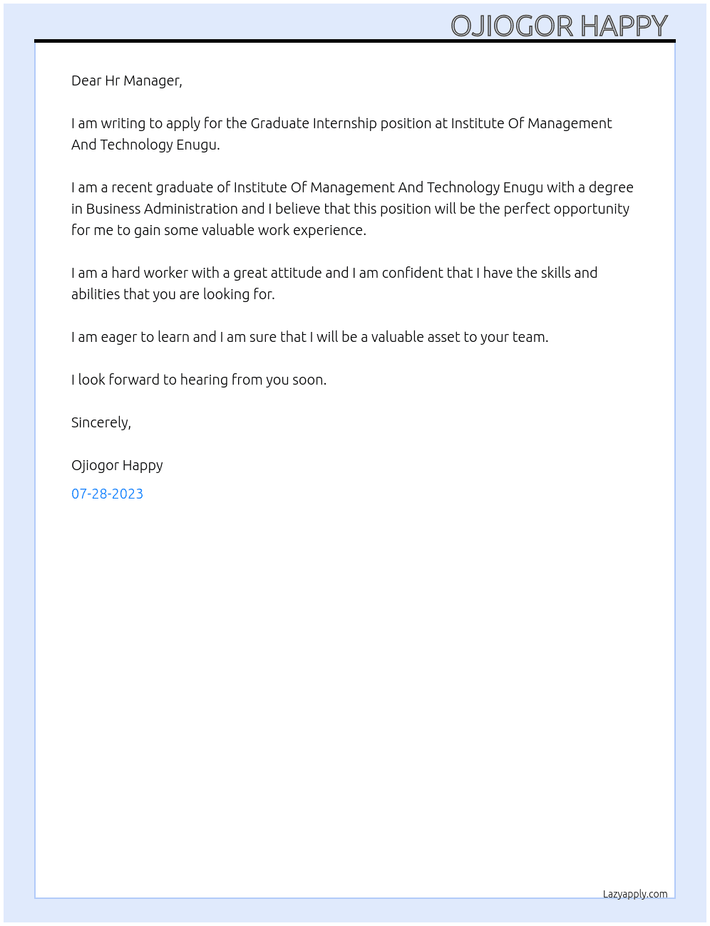 Graduate Internship At Institute Of Management And Technology Enugu  Cover Letter