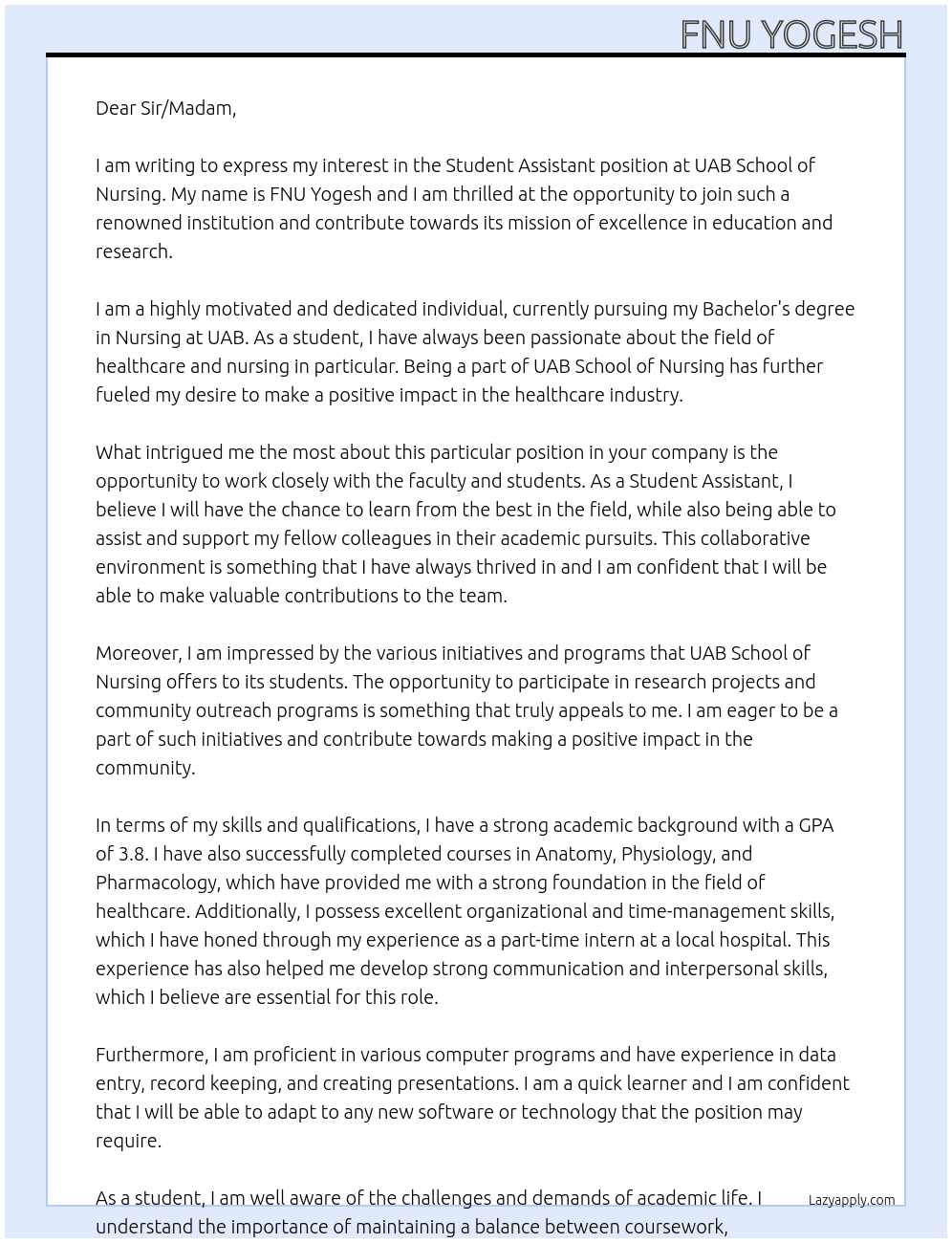 Student assistant  At UAB school of nursing  Cover Letter