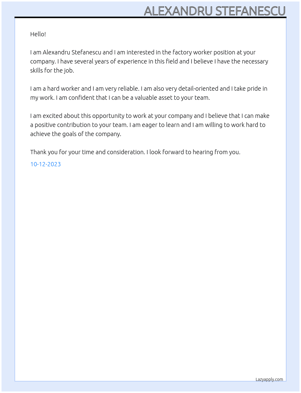 factory worker At Factory Cover Letter