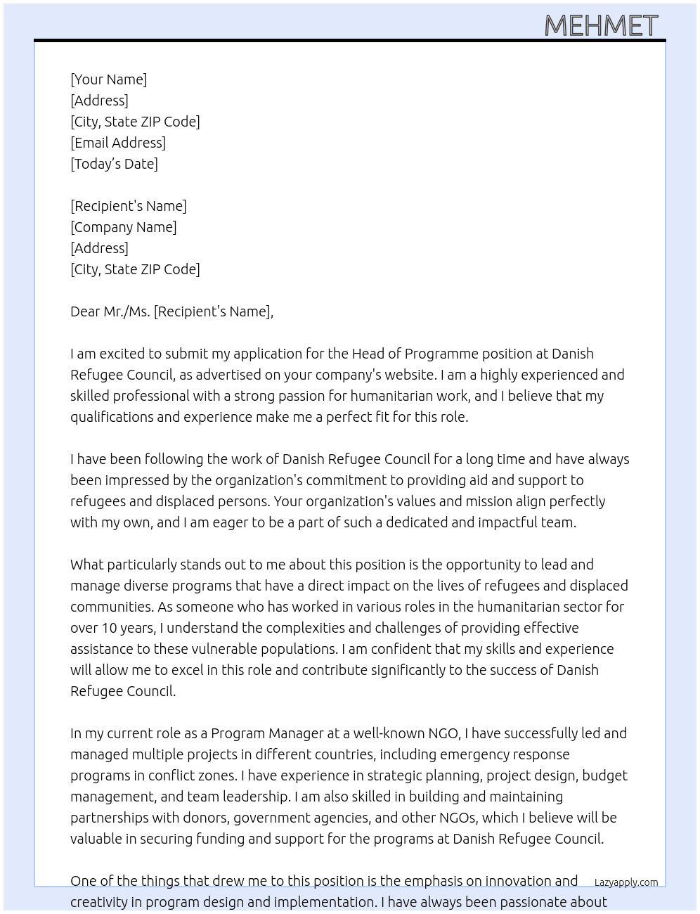 Head of Programme  At Danish Refugee Council Cover Letter
