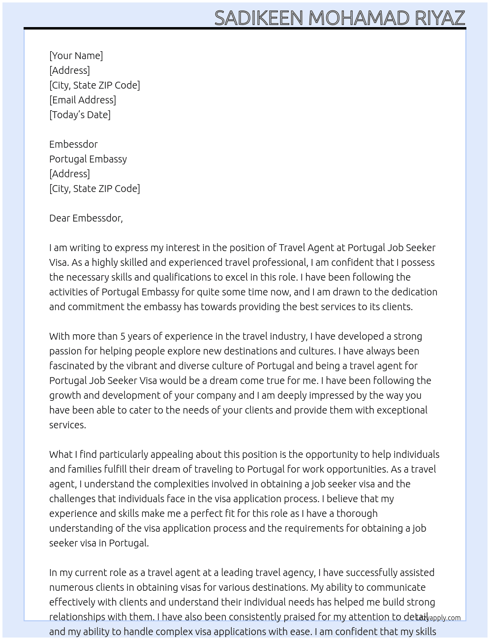 Travel agent At Portugal job seeker Visa Cover Letter