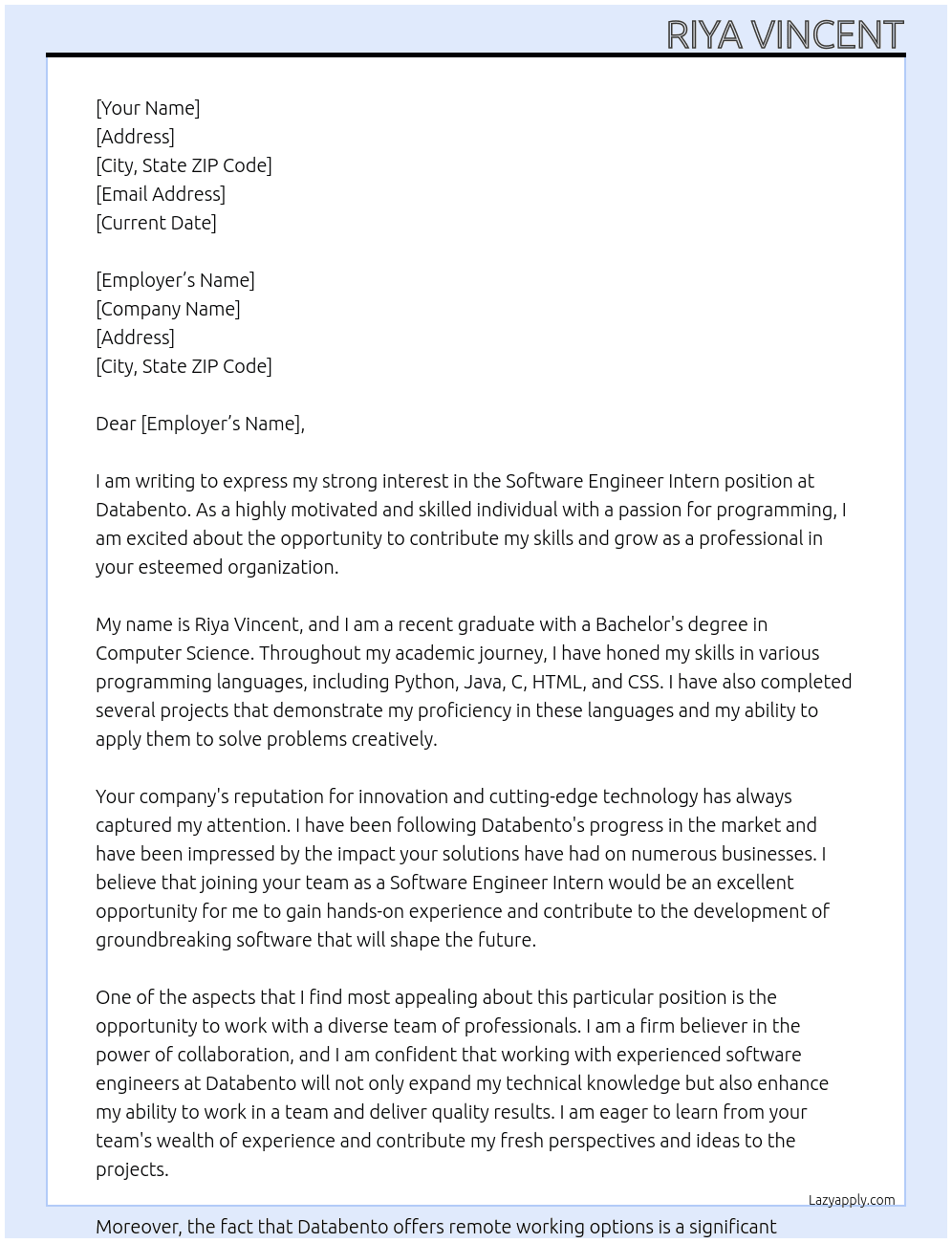 Software Engineer Intern At Databento  Cover Letter
