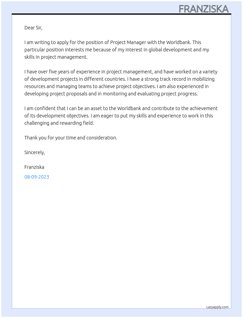 Project manager At Worldbank Cover Letter