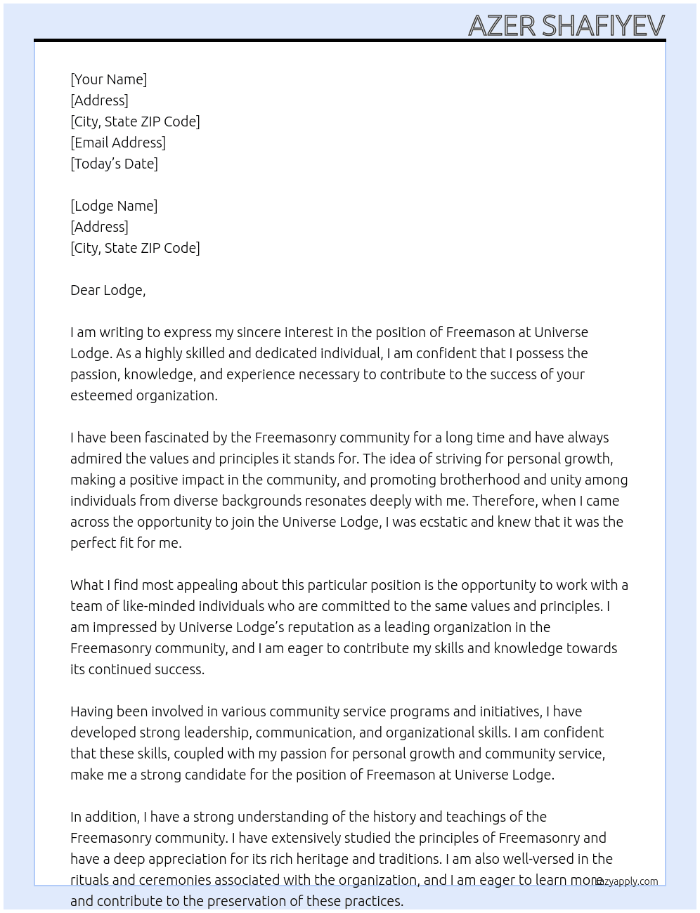 Freemason At Universe Lodge Cover Letter