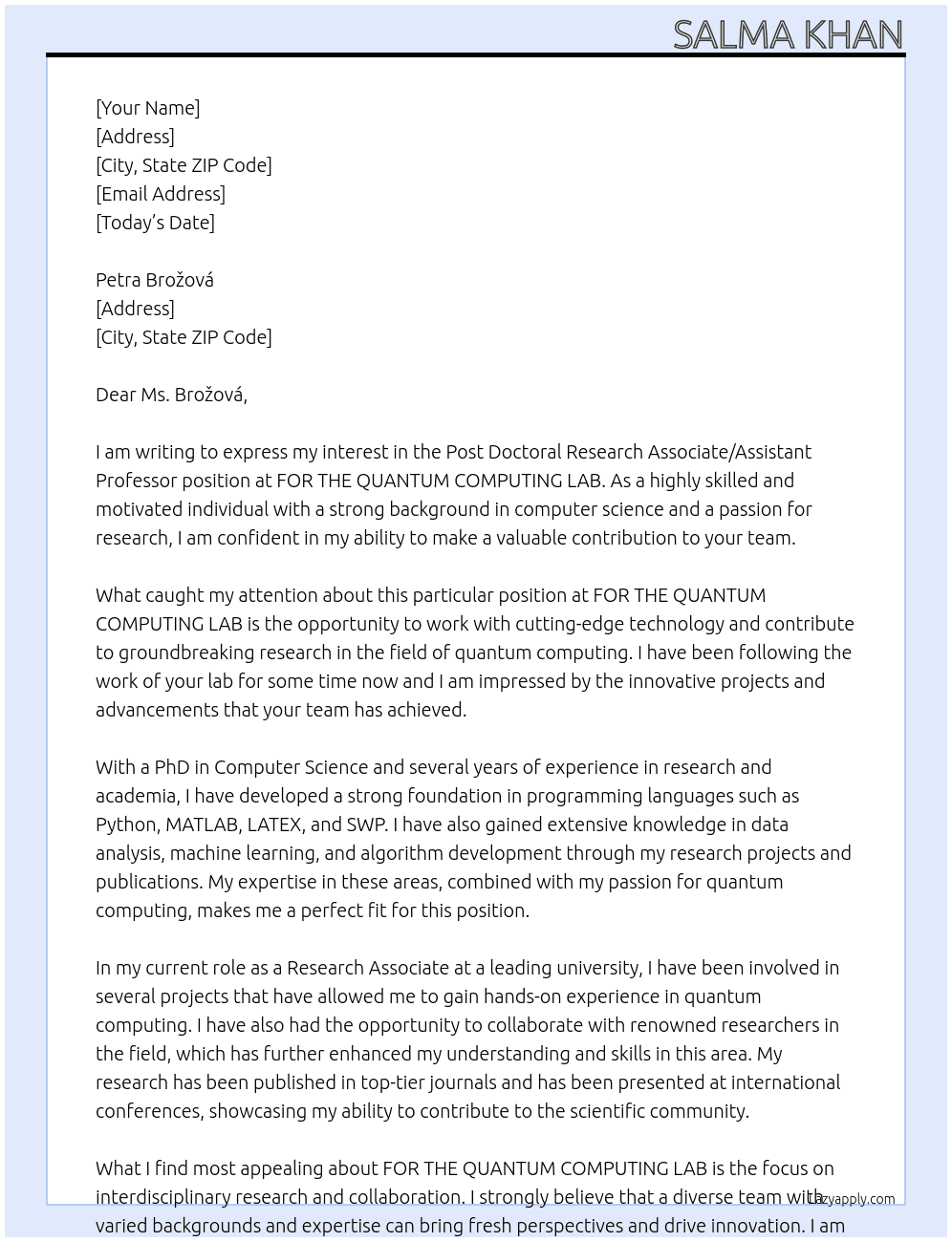 Post doctorial Research associate/Assistant professor At FOR THE QUANTUM COMPUTING LAB Cover Letter