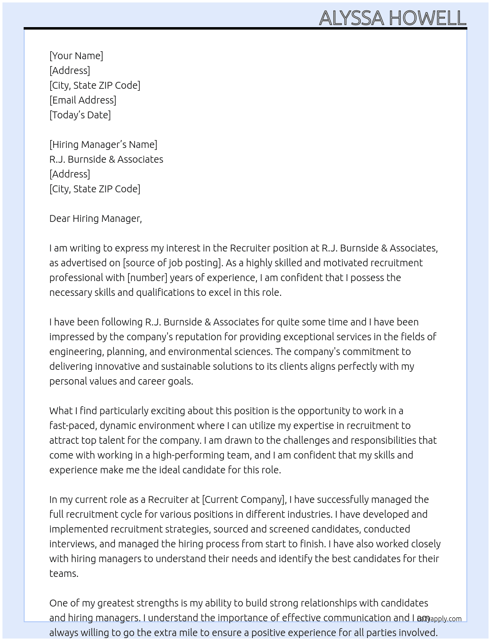 recruiter At R.J. Burnside & Associates  Cover Letter