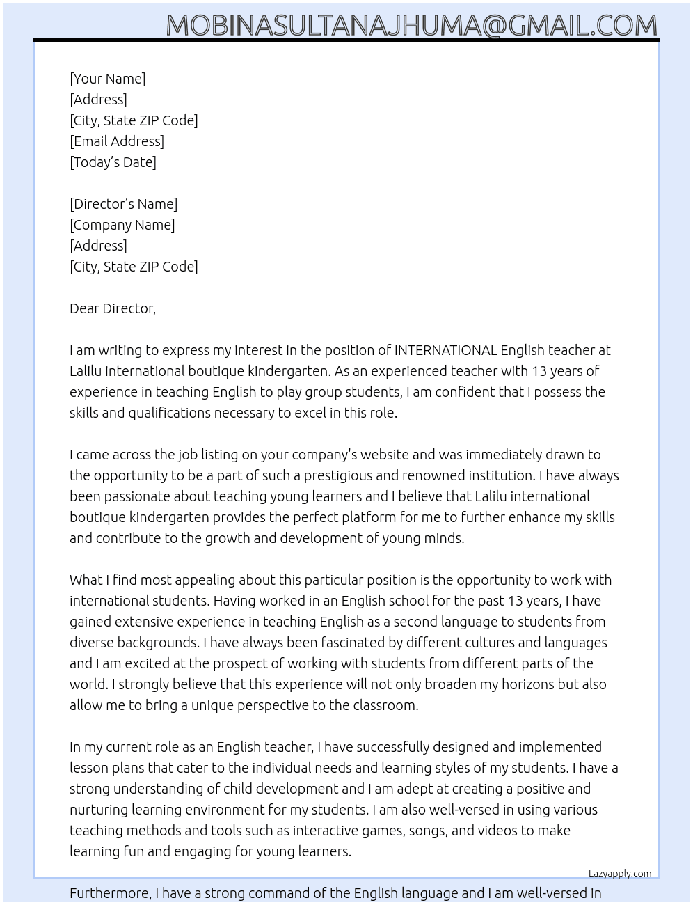 INTERNATIONAL English teacher At Lalilu international boutique kindergarten Cover Letter