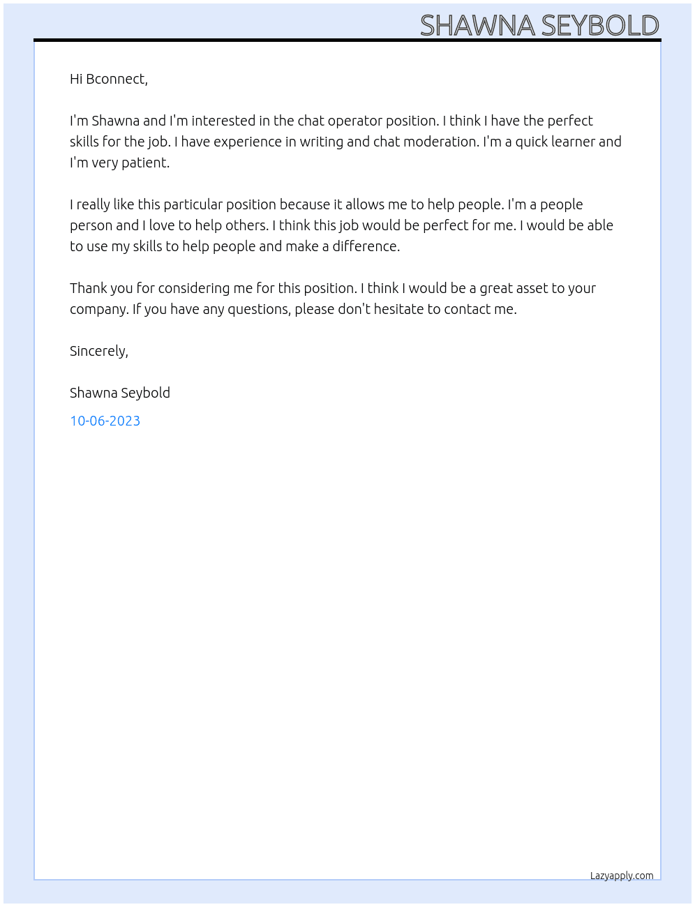 Chat operator At Bconnect Cover Letter