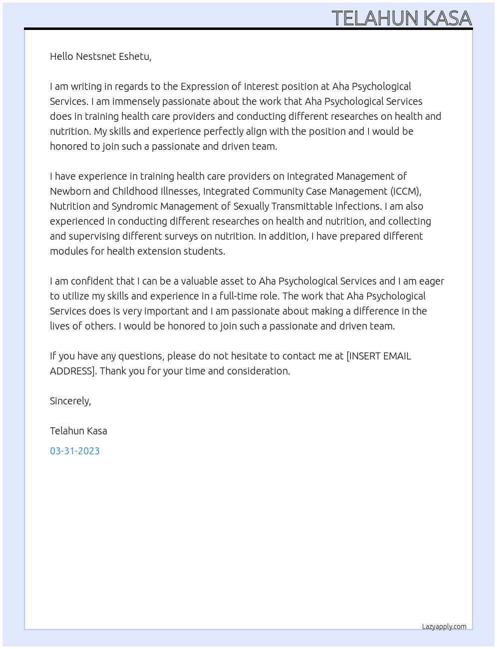 Expression of Interest  At Aha Psychological Services Cover Letter