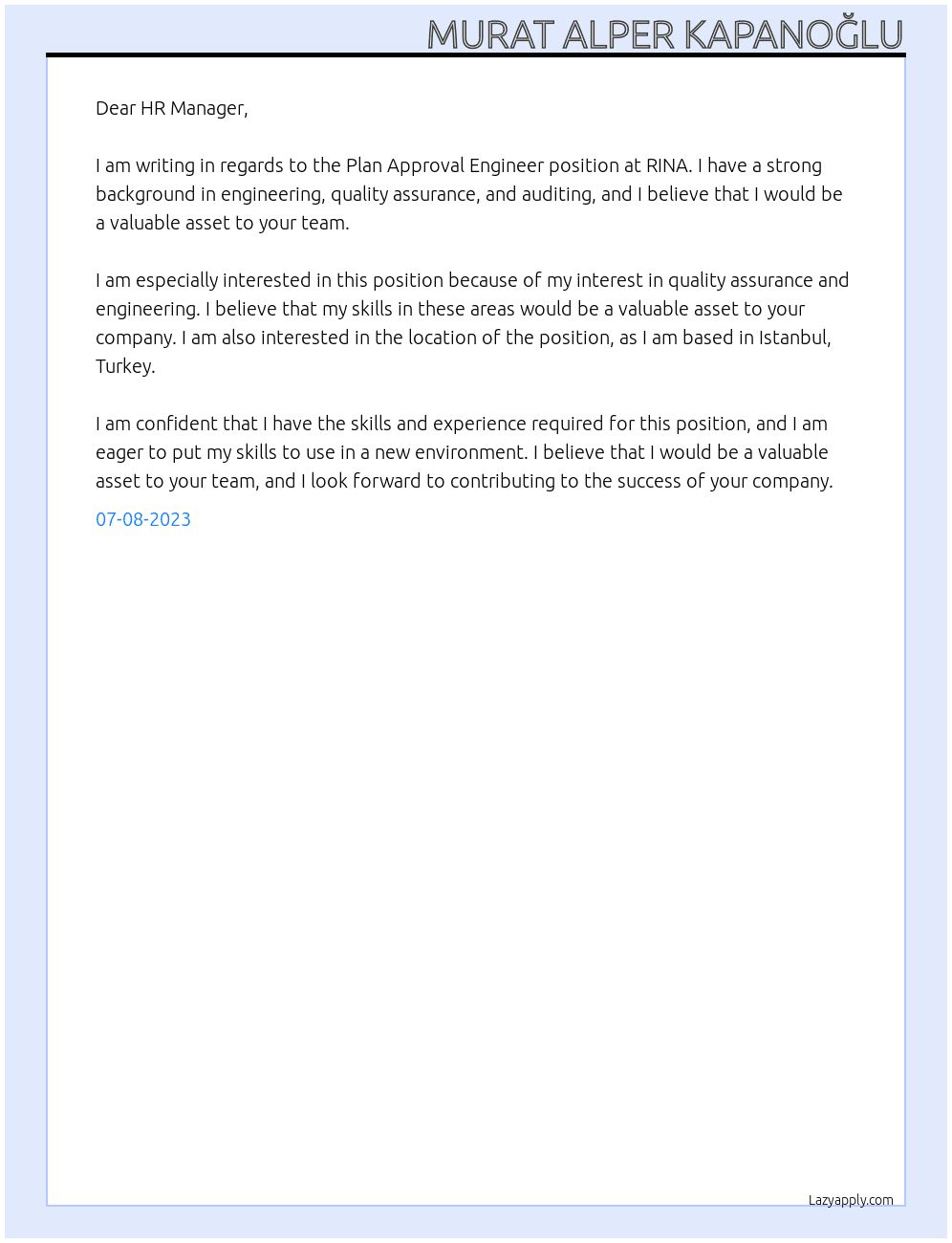 Plan Approval Engineer At RINA  Cover Letter