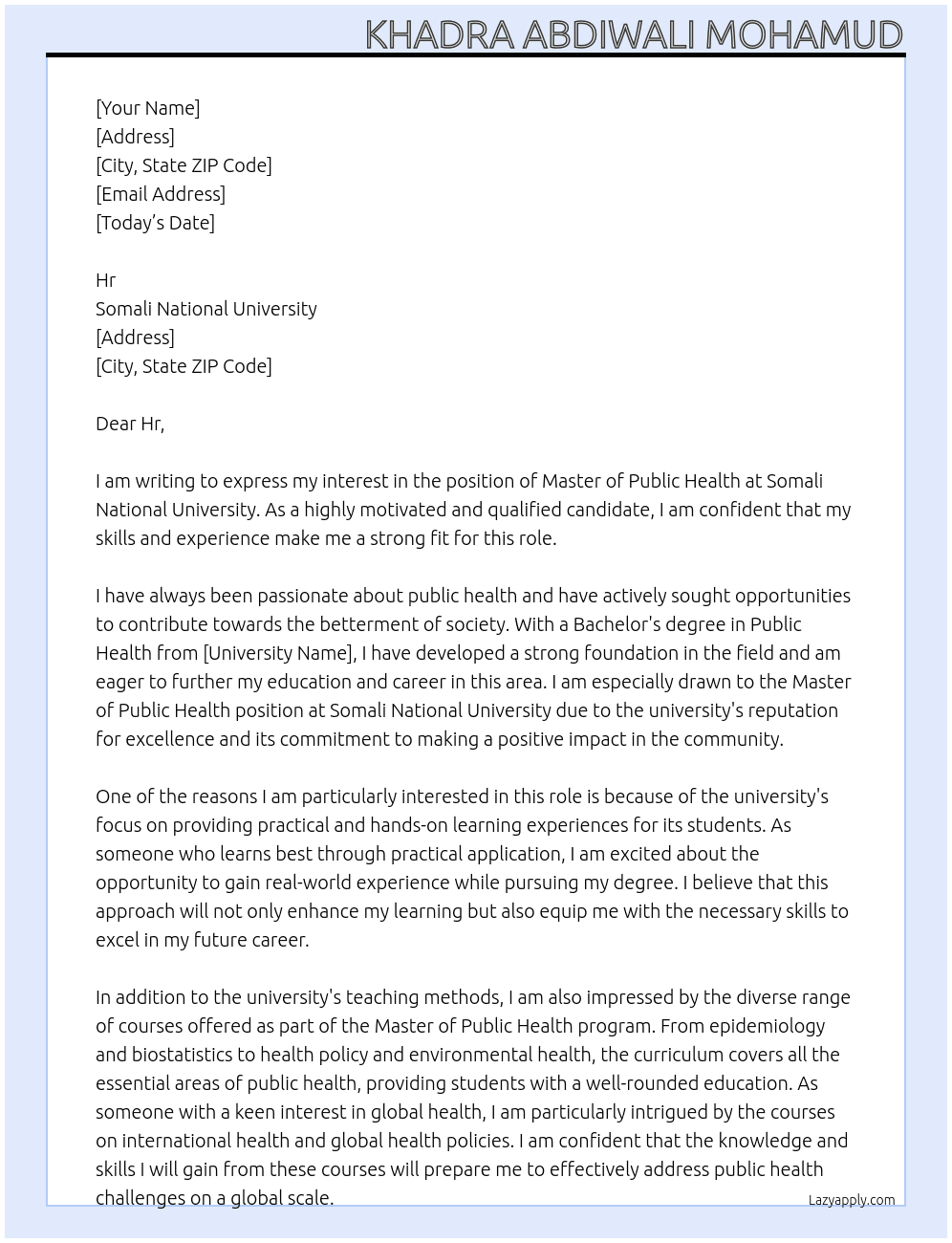 Master of public health At Somali National University Cover Letter