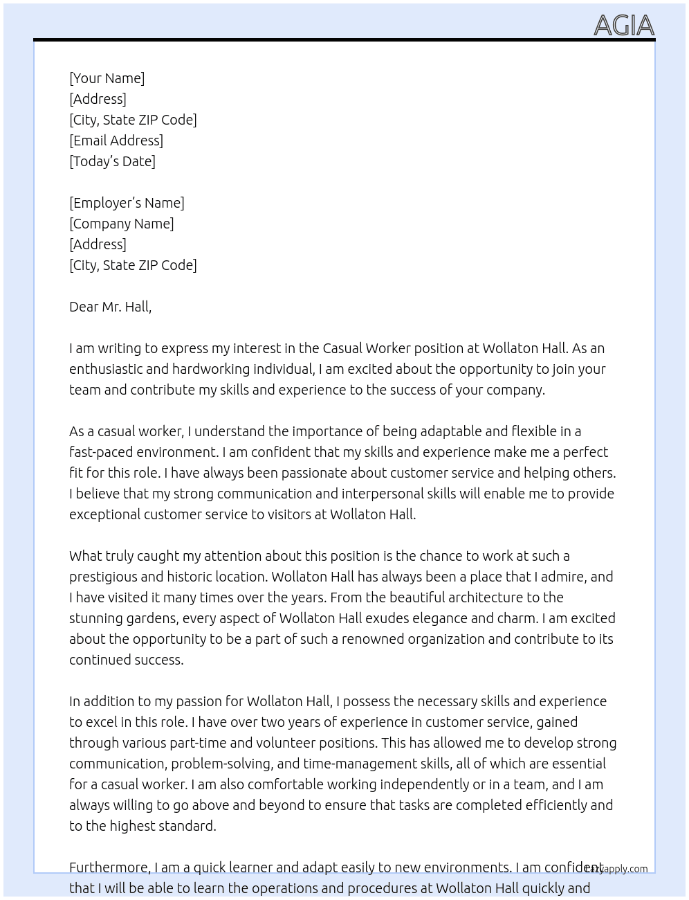 casaul worker At Wollaton Hall Cover Letter
