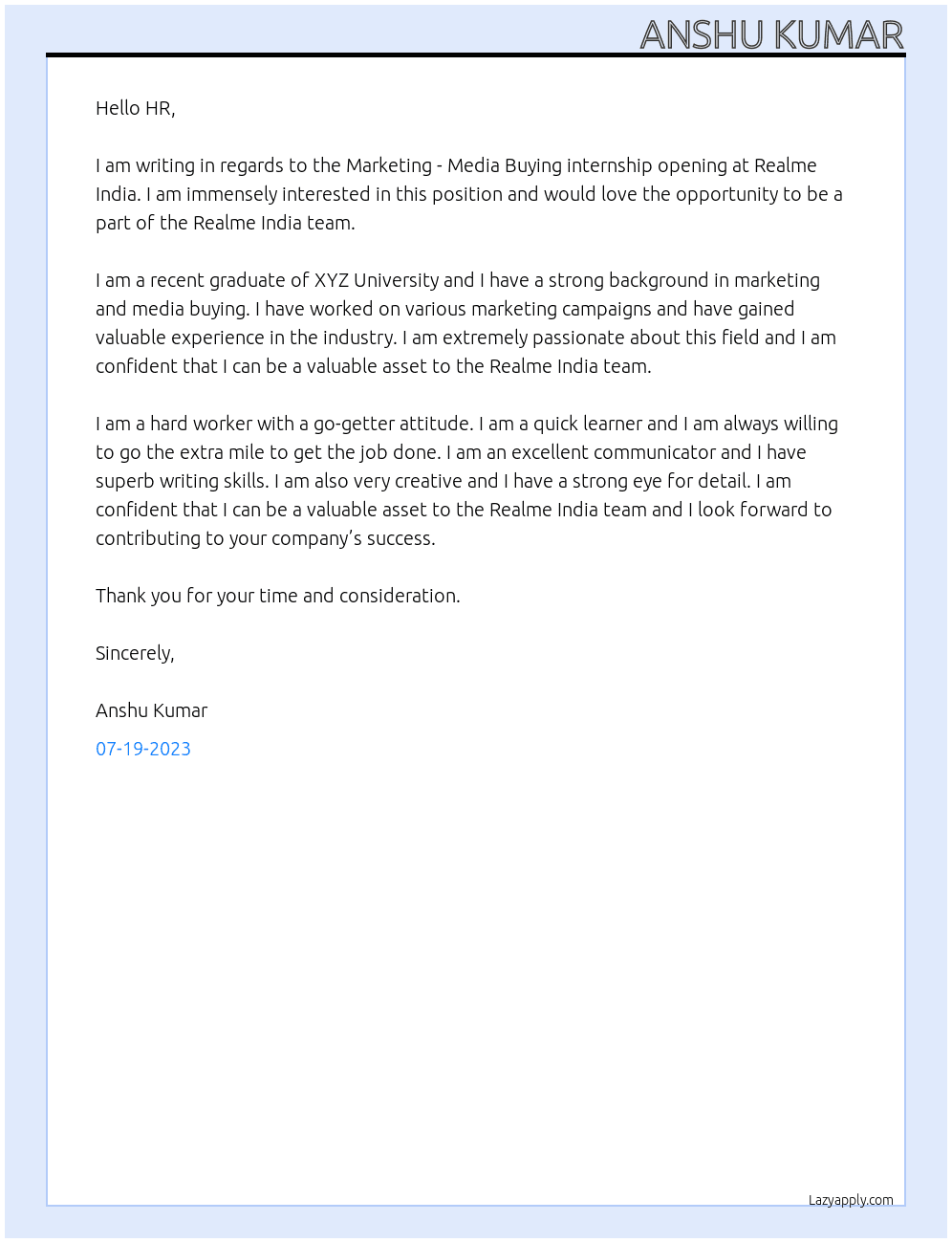 Marketing - Media Buying internship At Realme India Cover Letter