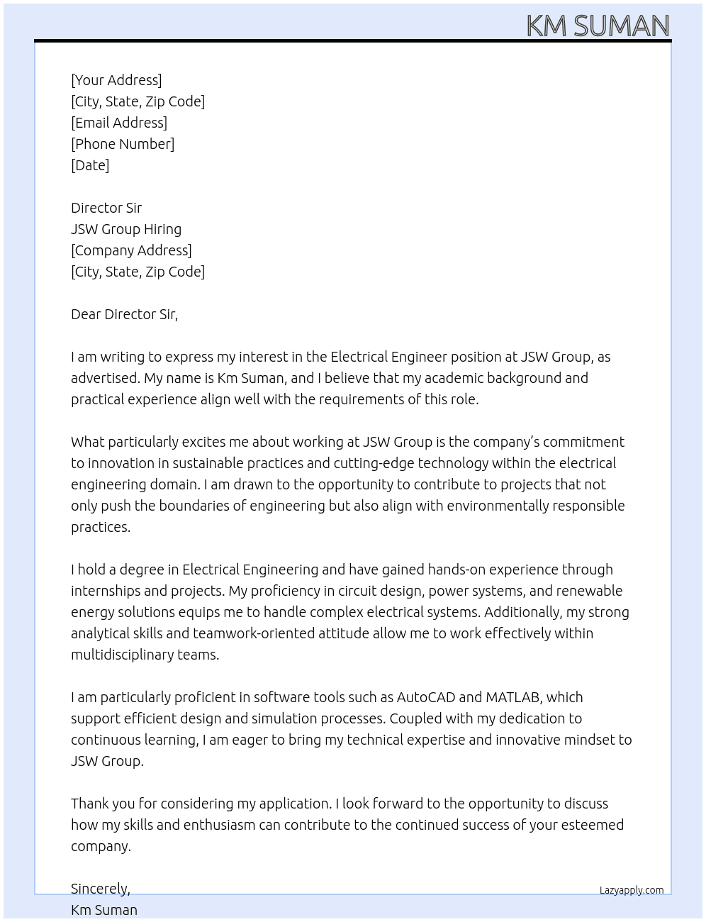 Electrical Engineer  At JSW Group Hiring  Cover Letter