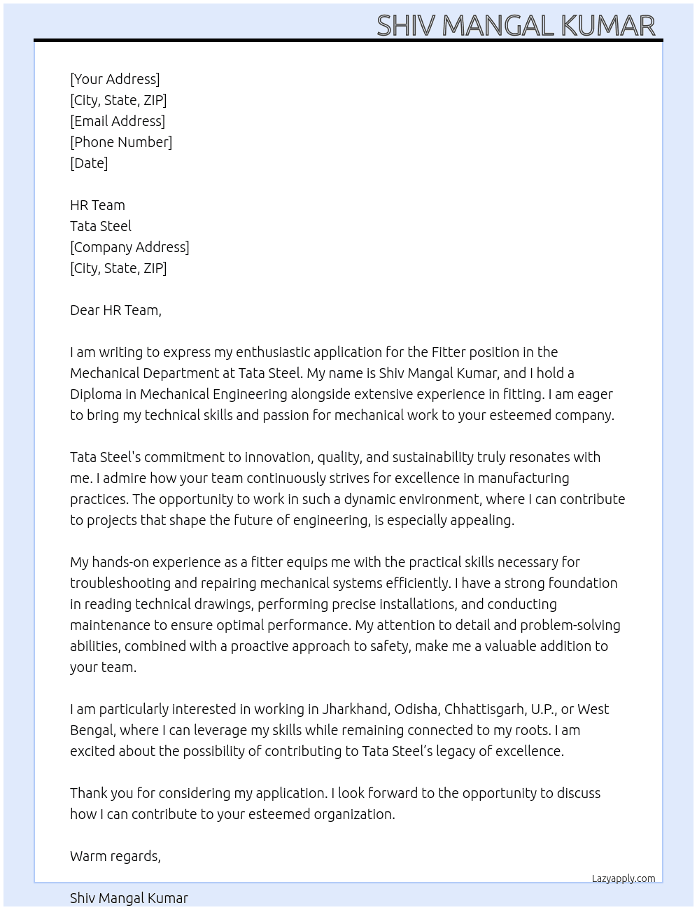 Cover letter for fitter and mechanical department - LazyApply
