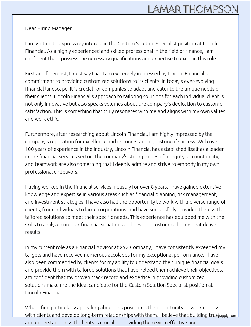 Custom Solution Specialist At Lincoln Financial Cover Letter