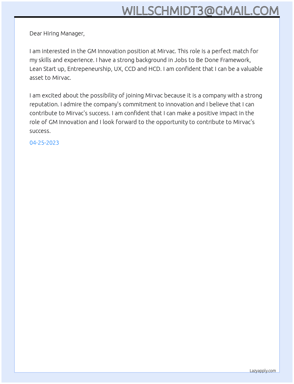 GM Innovation At Mirvac Cover Letter
