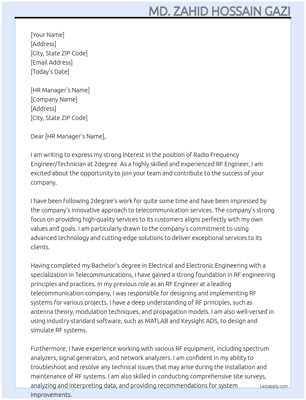 Radio Frequency Engineer/Technician At 2degree Cover Letter