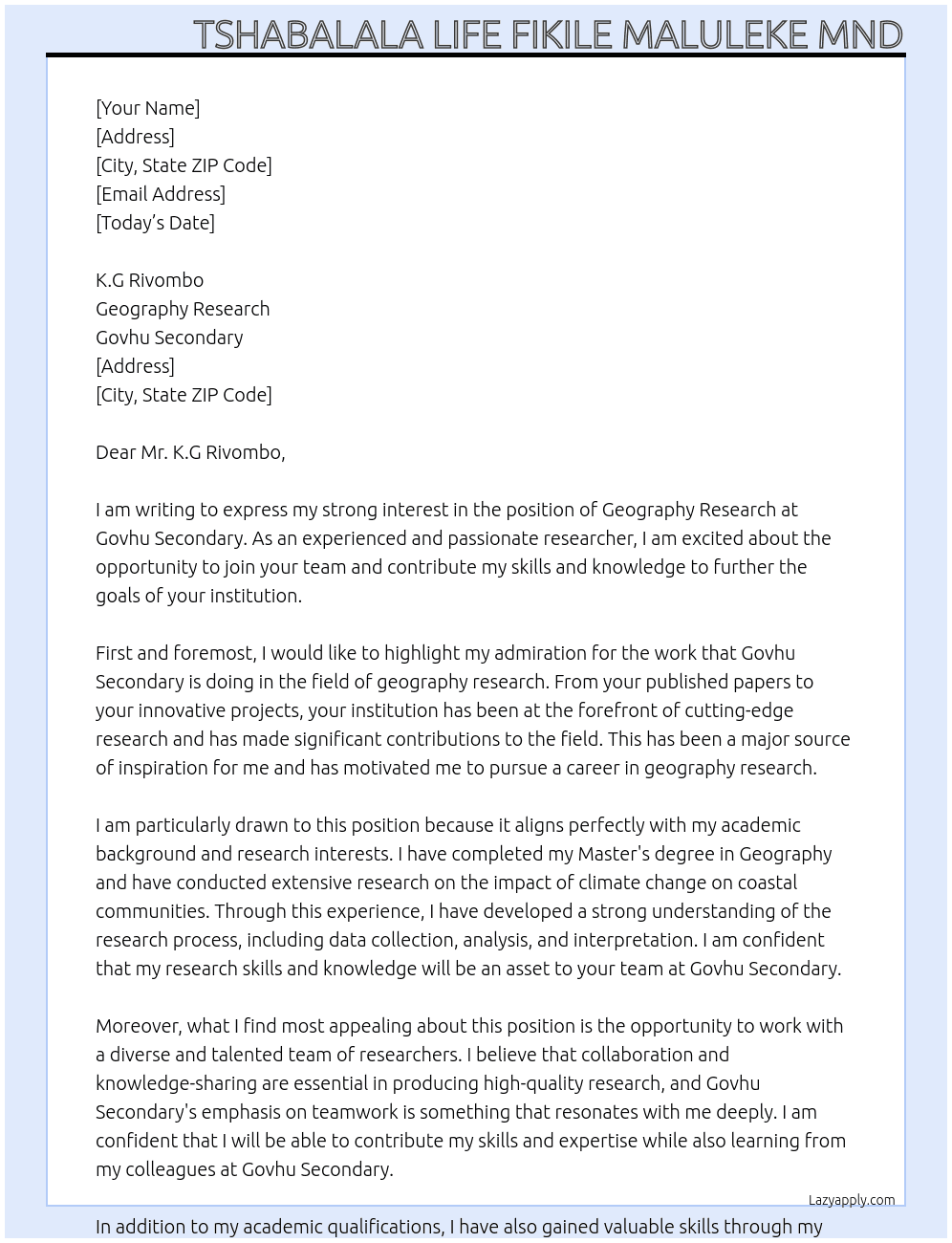 Geography Research  At Govhu Secondary  Cover Letter
