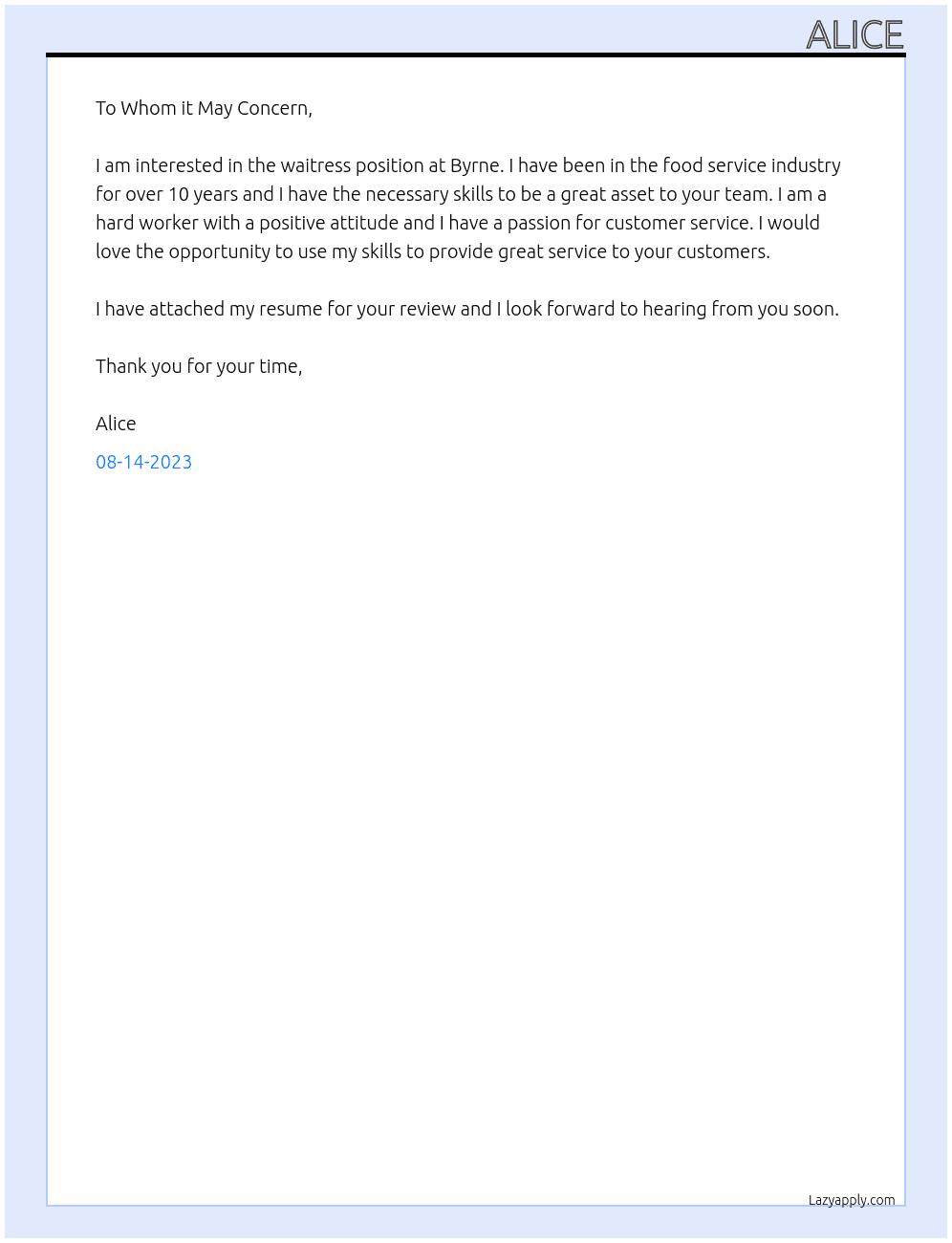 Waitress At Byrne Cover Letter