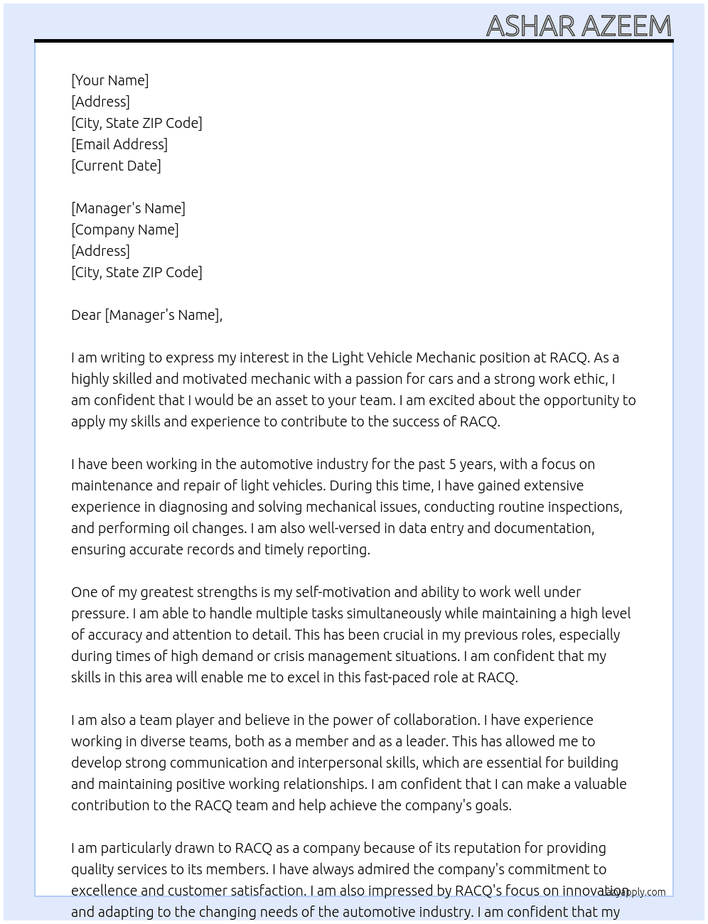 light vehicle mechanic At racq Cover Letter