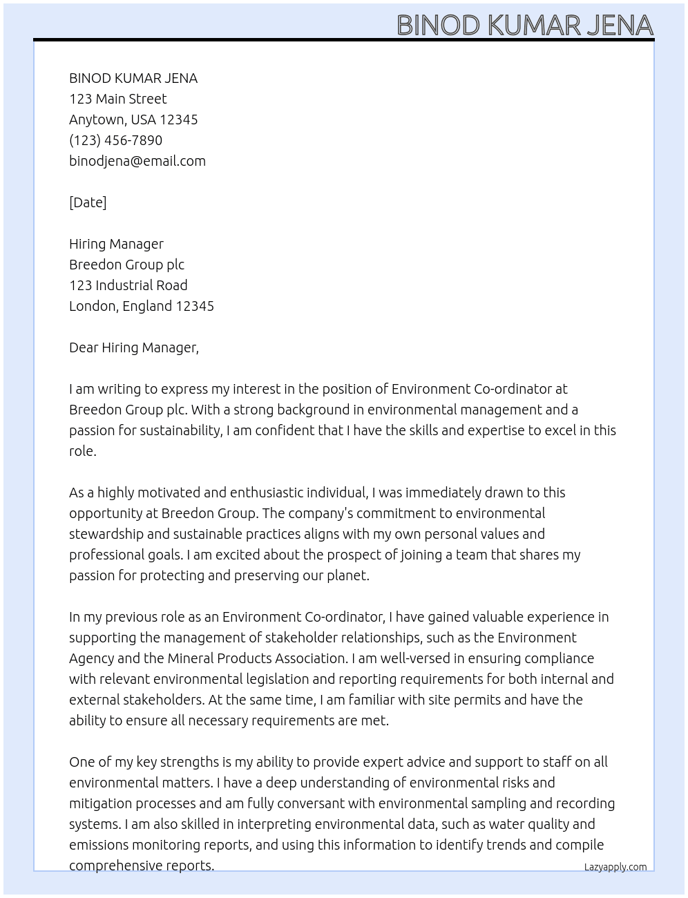 Environment Co-ordinator At Breedon Group plc  Cover Letter