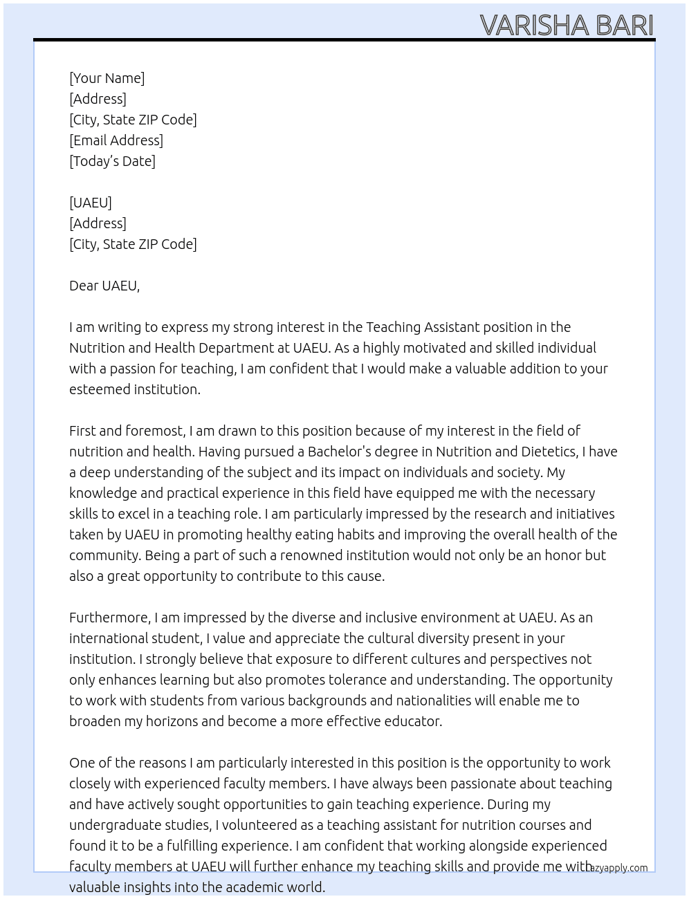 Teaching Assistant in Nutrition and Health Dept At UAEU Cover Letter